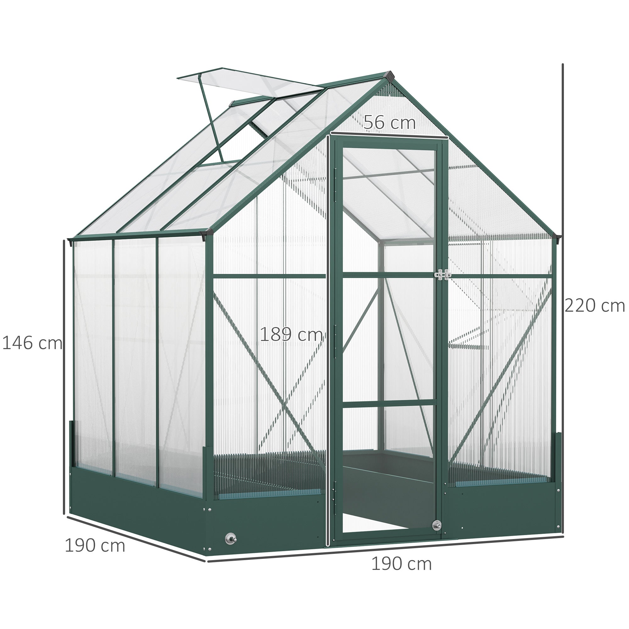 Garden Walk-in Aluminium Greenhouse Polycarbonate with Plant Bed, Temperature Controlled Window, Foundation, 6 x 6ft-2
