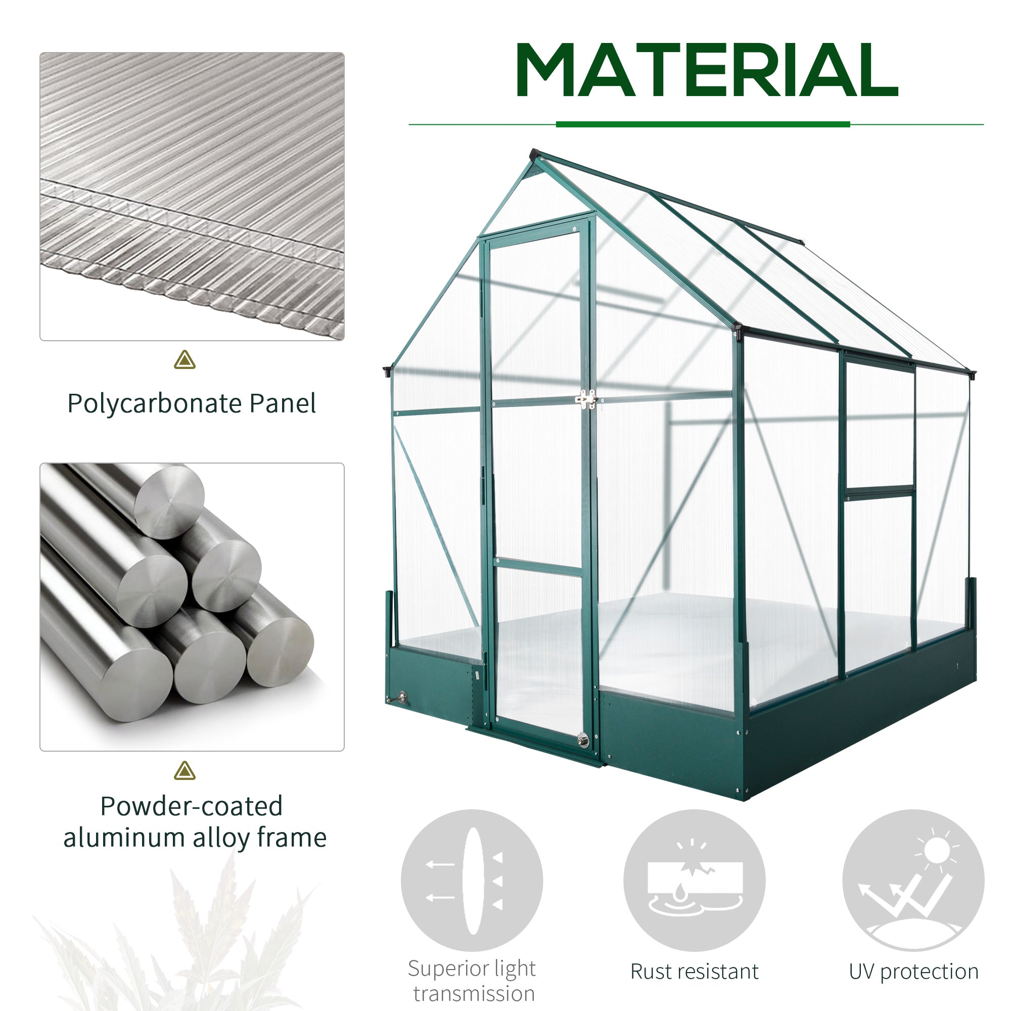 Garden Walk-in Aluminium Greenhouse Polycarbonate with Plant Bed, Temperature Controlled Window, Foundation, 6 x 6ft-3