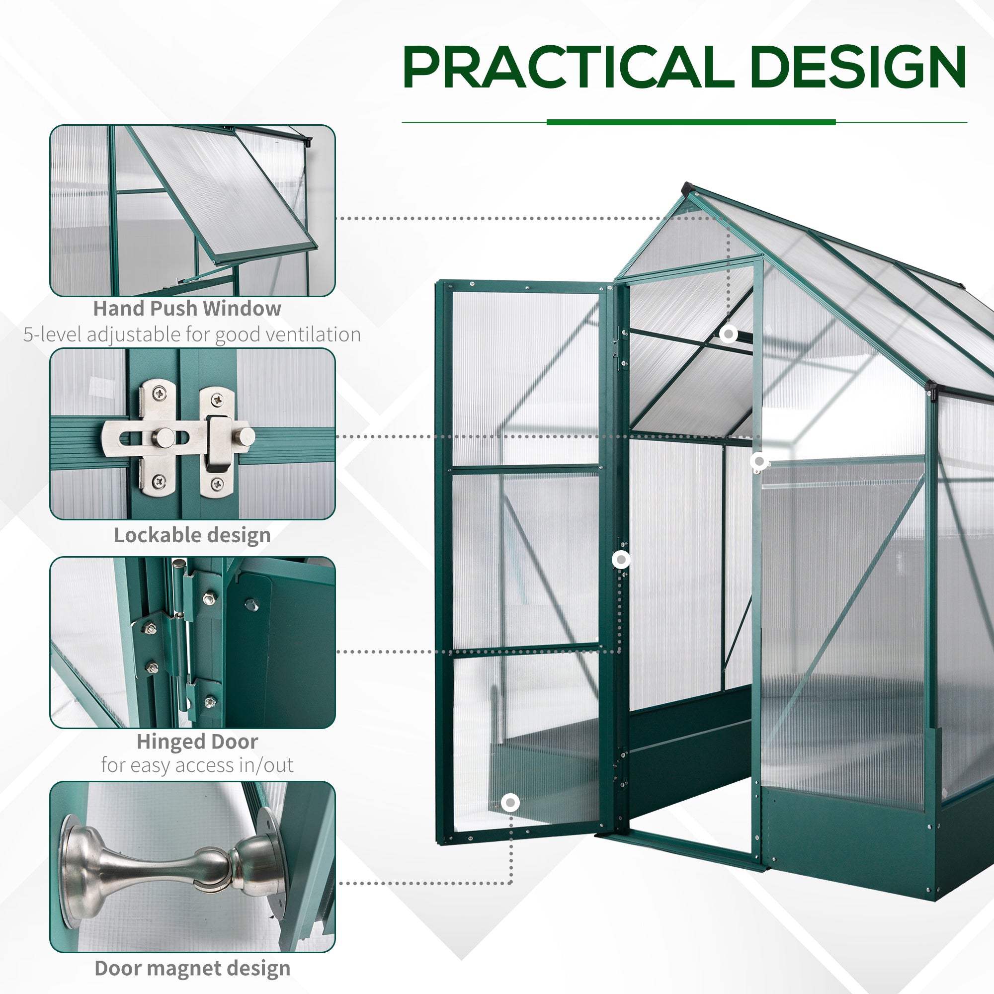 Garden Walk-in Aluminium Greenhouse Polycarbonate with Plant Bed, Temperature Controlled Window, Foundation, 6 x 6ft-4